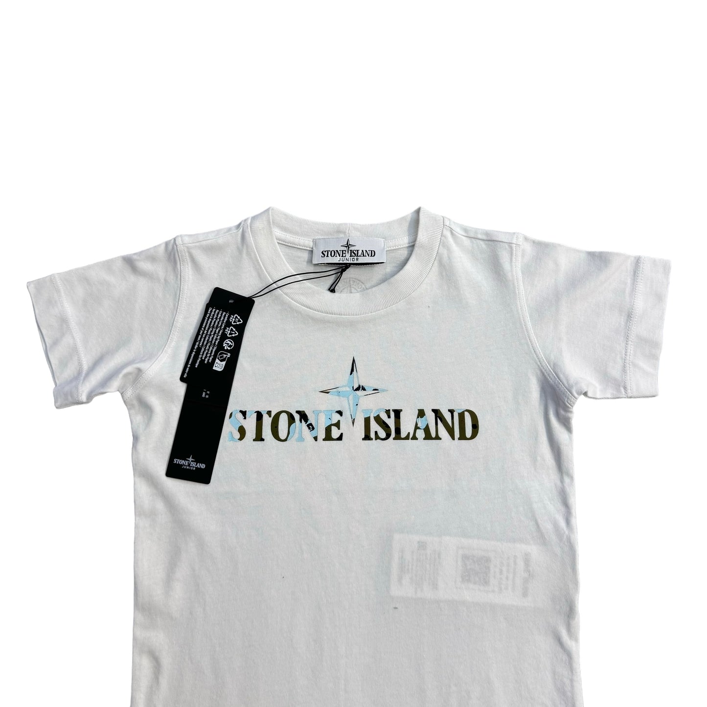 Stone Island Junior White Logo-Print Spell Out Watercamo TShirt