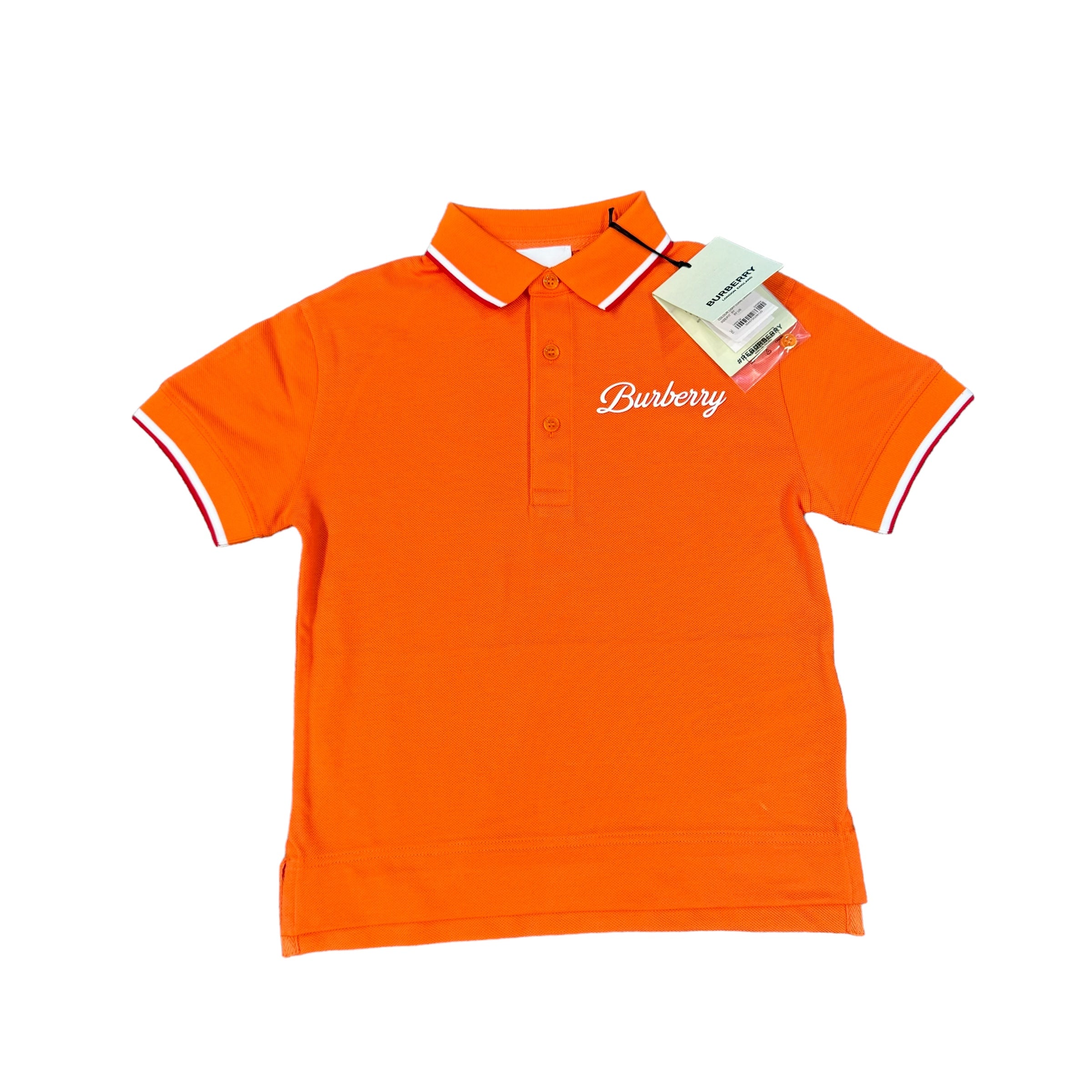 Burberry Kids Orange Logo Script Print Cotton Pique Polo Shirt