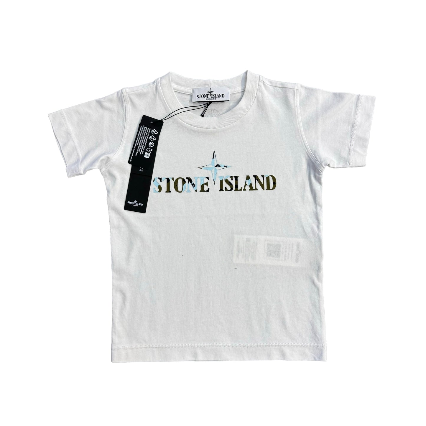 Stone Island Junior White Logo-Print Spell Out Watercamo TShirt