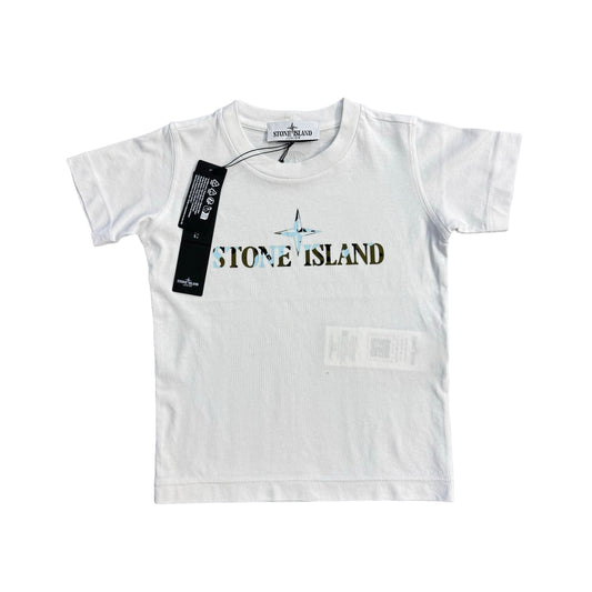 Stone Island Junior White Logo-Print Spell Out Watercamo TShirt