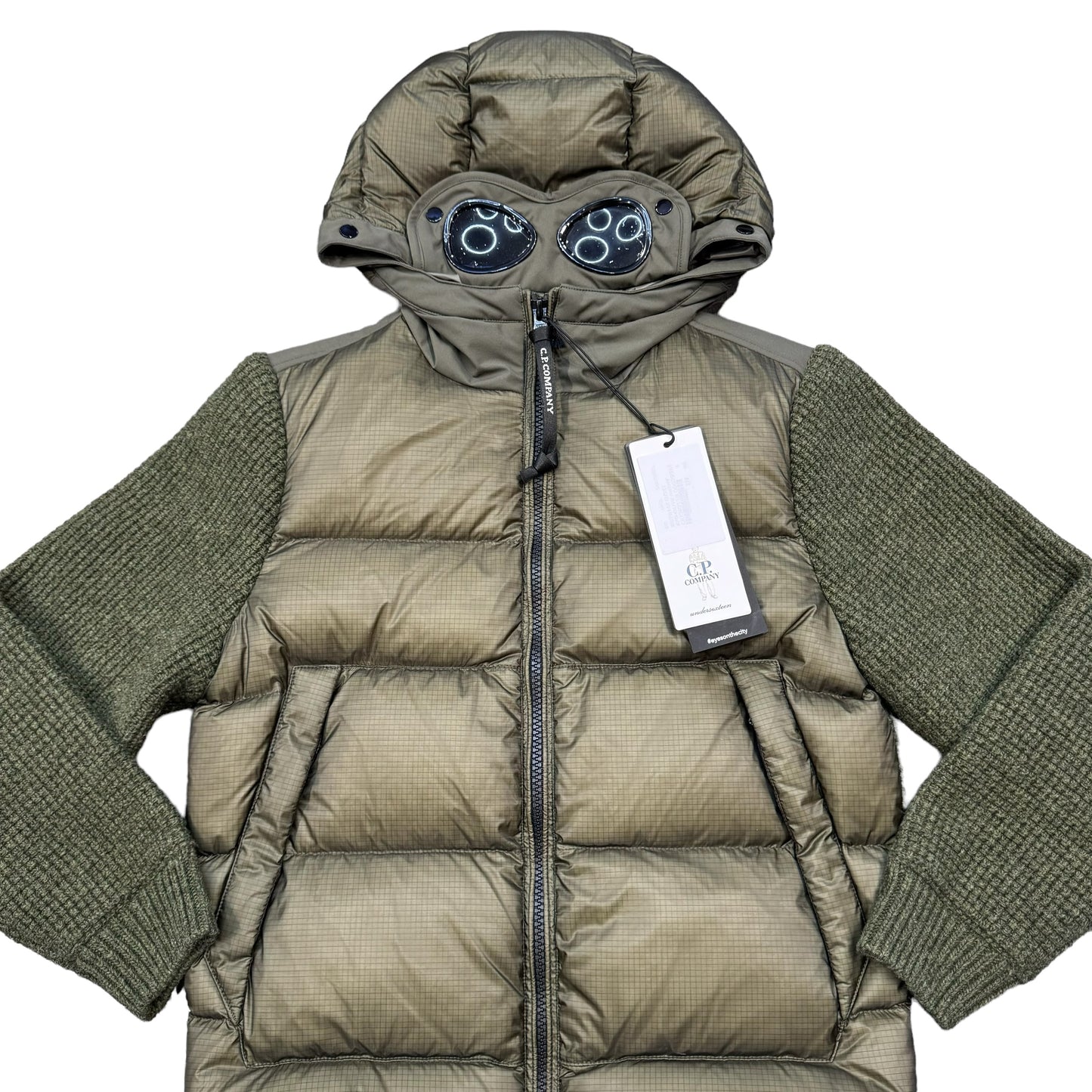 CP Company Kids Olive Night Green DD Shell Ripstop Mixed Goggle Knitted Jacket